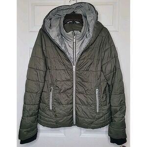 Marc New York Women Size L Quilted Puffer Jacket Olive Green Dual Zippers Winter